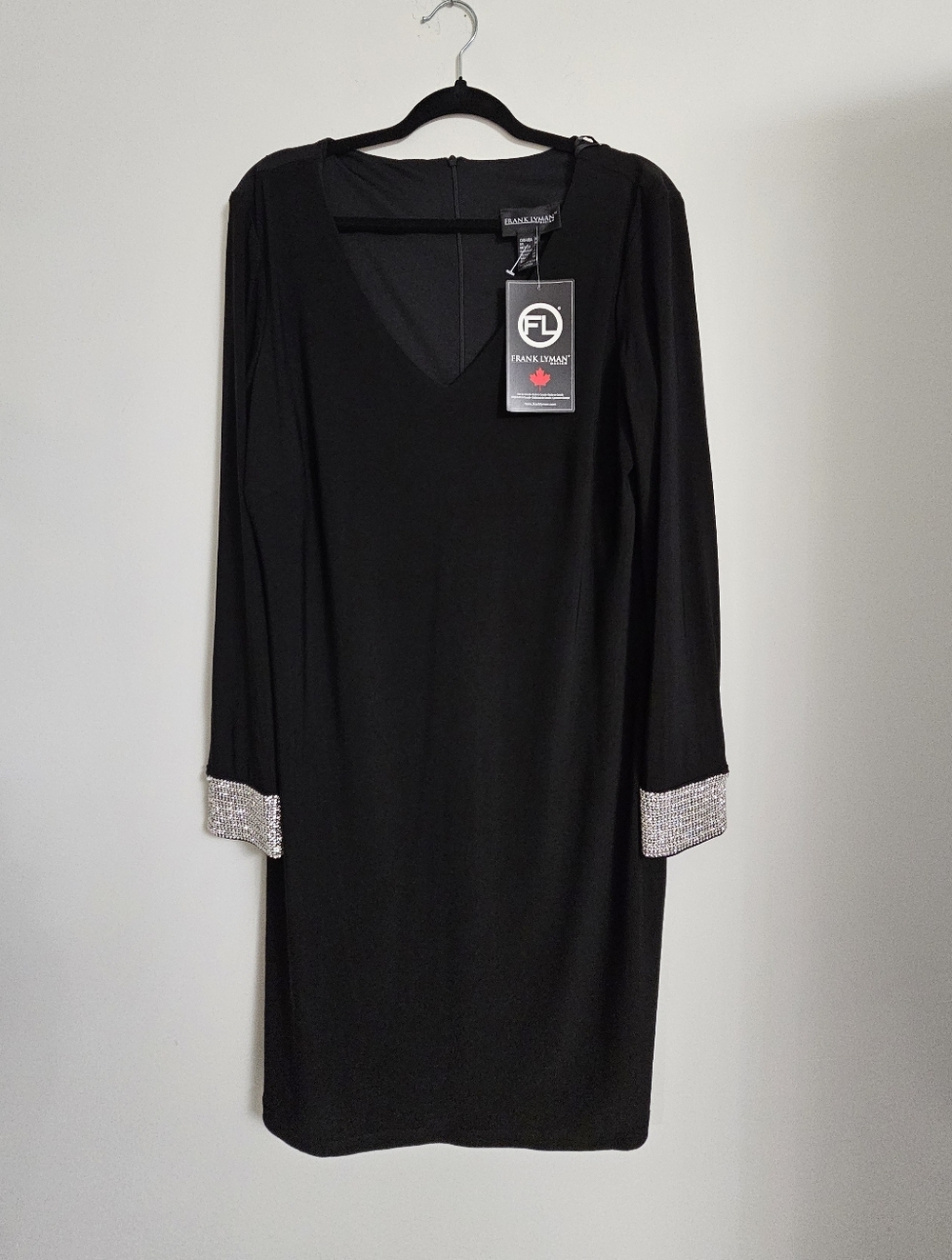 Frank Lyman New With Tags Design Long Sleeve V-Neck Dress with Rhinestone Cuffs